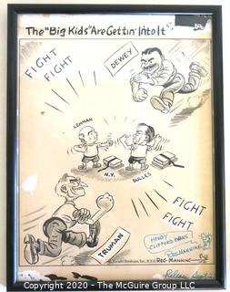 Framed Original Mock-up of Later Printed Political Cartoon - The Big Kids Are Getting In To It / Dewey - Truman by Pulitzer Prize winner Reg Manning, for McNaught Syndicate 1948. Measures approximately 12" x 16". (from the personal collection of Clifford Evans, journalist)