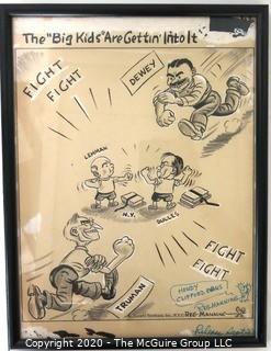 Framed Original Mock-up of Later Printed Political Cartoon - The Big Kids Are Getting In To It / Dewey - Truman by Pulitzer Prize winner Reg Manning, for McNaught Syndicate 1948. Measures approximately 12" x 16". (from the personal collection of Clifford Evans, journalist)