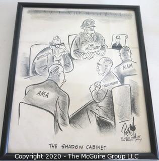 Framed Original Mockup of Later Printed Political Cartoon - The Shadow Cabinet Nixon, Dirkson, Thurman by John Pierotti, for New York Post 1969. Measures approximately 12" x 15".(from the personal collection of Clifford Evans, journalist)