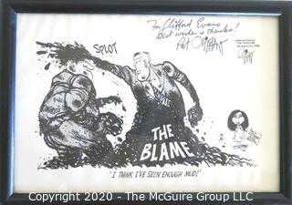 Framed Political Cartoon - Viet Nam Congress Mud Sling by Pat Oliphant, for the Washington Star 1970's. Signed by the artist with note to Clifford Evans.  Measures approximately 7" x 10". (from the personal collection of Clifford Evans, journalist).  DESCRIPTION UPDATED 10/29/20 AT 3:51 PM