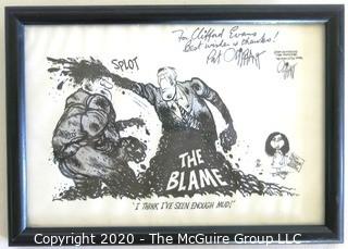 Framed Political Cartoon - Viet Nam Congress Mud Sling by Pat Oliphant, for the Washington Star 1970's. Signed by the artist with note to Clifford Evans.  Measures approximately 7" x 10". (from the personal collection of Clifford Evans, journalist).  DESCRIPTION UPDATED 10/29/20 AT 3:51 PM