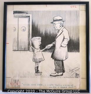 Framed Original Mockup of Later Printed Political Cartoon - Fair Deal Program by Edwin Marcus for New York Times, 1950. Signed by the artist to Clifford Evans. (from the personal collection of Clifford Evans, journalist)