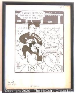 Framed Original Mockup of Later Printed Political Cartoon - Hold that Seat (William O'Dwyer) by Stan MacGovern, for New York Post 1949. Measures approximately 12" x 15". (from the personal collection of Clifford Evans, journalist)