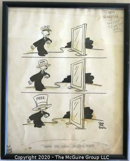 Framed Original Mockup of Later Printed Political Cartoon - Tommy the Well Dressed Man (Dewey) by Stan MacGovern, for New York Post 1948. (from the personal collection of Clifford Evans, journalist)