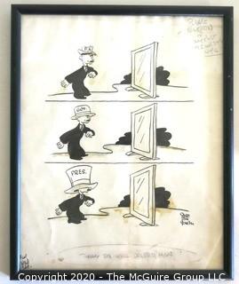 Framed Original Mockup of Later Printed Political Cartoon - Tommy the Well Dressed Man (Dewey) by Stan MacGovern, for New York Post 1948. (from the personal collection of Clifford Evans, journalist)