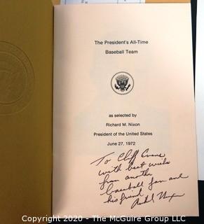 Nixon All Time Baseball All Star Team. 
In response to a WH press conference question from Clifford Evans, Nixon compiled and published his all-time baseball all-star team.  Includes Signed Correspondence from the President to Clifford Evans and Cassette Tape Recording of His Interview with the President. {Full story recounted in ESPN hyperlink below} 
Baseball and US Presidential Memorabilia 