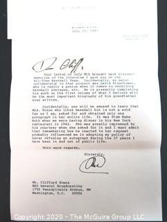 Nixon All Time Baseball All Star Team. 
In response to a WH press conference question from Clifford Evans, Nixon compiled and published his all-time baseball all-star team.  Includes Signed Correspondence from the President to Clifford Evans and Cassette Tape Recording of His Interview with the President. {Full story recounted in ESPN hyperlink below} 
Baseball and US Presidential Memorabilia 