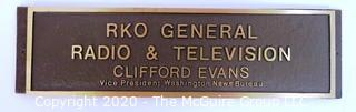 Heavy Bronze Office Desk/Wall Name Plaque from RKO Radio & Television; Journalism Memorabilia 