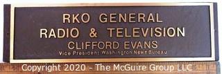 Heavy Bronze Office Desk/Wall Name Plaque from RKO Radio & Television; Journalism Memorabilia 