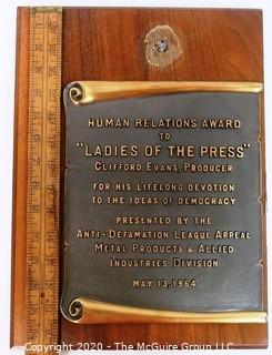 Human Relations Award to "Ladies of the Press" Producer, Clifford Evans, 1964, From the Anti Defamation League. Journalism