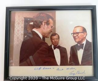 Signed Framed Photo of journalist Clifford Evans Meeting U.S. President George H W Bush. Measures approximately 10" x 9". US Presidential Political Memorabilia