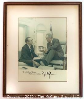 Framed Photo of Clifford Evans Meeting with President Lyndon Baines Johnson with Signature. Measures approximately 12" x 14".  US Presidential Political Memorabilia Autograph