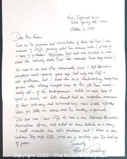 Robert Ginsberg (husband of Ruth Bader Ginsberg) hand written letter of condolence to Clifford Evans spouse, Ruth Evans, 1983.