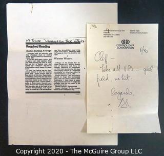 Note from Control Data Corp. Executive to Clifford Evans commenting on Vice President George H W Bush.   US Presidential Political Memorabilia