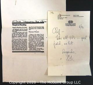 Note from Control Data Corp. Executive to Clifford Evans commenting on Vice President George H W Bush.   US Presidential Political Memorabilia