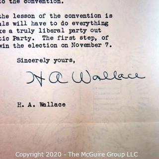 Thank You Note to Clifford Evans Regarding the Convention from Vice President Henry A Wallace, signed, 1944.  US Presidential Political Memorabilia