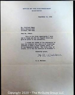 Thank You Note to Clifford Evans Regarding the Convention from Vice President Henry A Wallace, signed, 1944.  US Presidential Political Memorabilia