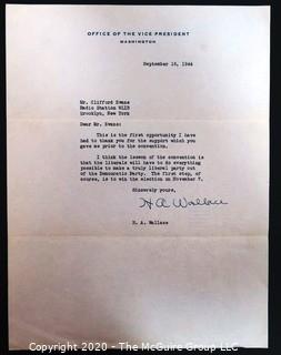 Thank You Note to Clifford Evans Regarding the Convention from Vice President Henry A Wallace, signed, 1944.  US Presidential Political Memorabilia