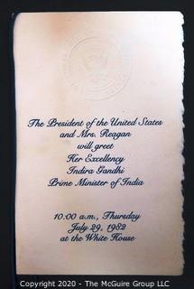 Memorabilia: U.S. Political: Presidential Invitation to State Dinner for Her Excellency Indira Gandhi, 1982, White House Washington DC