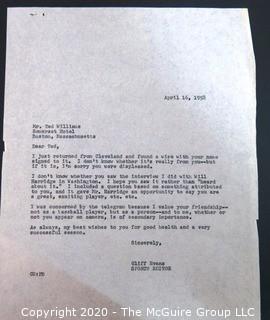 Telegram from Ted Williams to TODAY show sports editor Clifford Evans expressing his displeasure with how he was treated in an interview; and letter from Evans in response to Williams dated two days after receiving the telegram, April 16, 1958.  Baseball Memorabilia. 