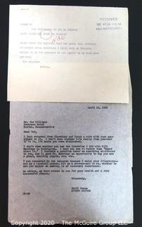 Telegram from Ted Williams to TODAY show sports editor Clifford Evans expressing his displeasure with how he was treated in an interview; and letter from Evans in response to Williams dated two days after receiving the telegram, April 16, 1958.  Baseball Memorabilia. 