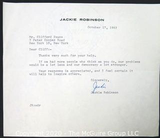 1962 Letter from Jackie Robinson to Clifford Evans; Signed.  Baseball Memorabilia Autograph