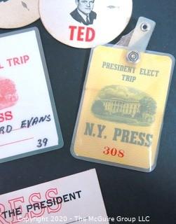 Collection of U.S. Presidential Press Badges, Cassette Tape of President Nixon's "Get Well" Tape to Ruth Evans, and "Draft Ted" stickers.  US Presidential Political Memorabilia