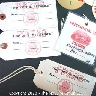 Collection of U.S. Presidential Press Badges, Cassette Tape of President Nixon's "Get Well" Tape to Ruth Evans, and "Draft Ted" stickers.  US Presidential Political Memorabilia