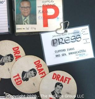 Collection of U.S. Presidential Press Badges, Cassette Tape of President Nixon's "Get Well" Tape to Ruth Evans, and "Draft Ted" stickers.  US Presidential Political Memorabilia