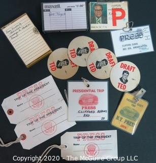 Collection of U.S. Presidential Press Badges, Cassette Tape of President Nixon's "Get Well" Tape to Ruth Evans, and "Draft Ted" stickers.  US Presidential Political Memorabilia