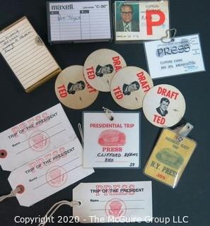 Collection of U.S. Presidential Press Badges, Cassette Tape of President Nixon's "Get Well" Tape to Ruth Evans, and "Draft Ted" stickers.  US Presidential Political Memorabilia