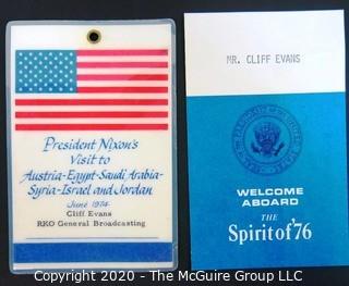 1974 Press Pass and Air Force One Boarding Card for President Richard Nixon's Visit to Austria, Egypt & Middle East.  US Presidential Political Memorabilia