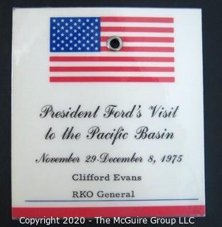 Assorted WH correspondence and Press Badge issued to Clifford Evans for Ford trip to the Pacific Basin; 1975.  US Presidential Political Memorabilia