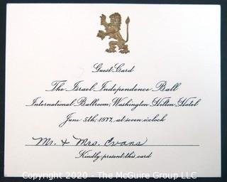 1977 Guest Card for the Israel Independence Ball. Washington DC Hilton/  US Presidential Political Memorabilia