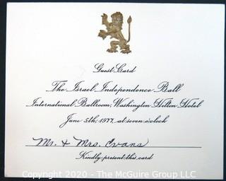 1977 Guest Card for the Israel Independence Ball. Washington DC Hilton/  US Presidential Political Memorabilia