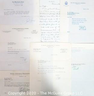 Memorabilia: U.S. Political: Correspondence to Clifford Evans from Edith Halpert, Mark McCloskey, J. John Fox, Ron Zeigler, William P. Rogers, Tim Russert, John Winters, Edward Brooke, Jane Adams, Mark Bodden, Ann McFadden, Adlai Stevenson, Thomas Stokes, Abe Beane, Jerimiah O' Leary, William Loeb, Lyn Nofziger, Ben Bradlee, Justice William O. Douglas, Larry O'Brien, Robert Strauss, David Broder, Max Frankel, Herb Kaplow, Frank Farenkoff, Rowland Evans, Art Buchwald and Abe Rosenthal.   