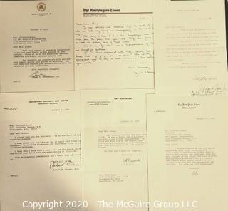 Memorabilia: U.S. Political: Correspondence to Clifford Evans from Edith Halpert, Mark McCloskey, J. John Fox, Ron Zeigler, William P. Rogers, Tim Russert, John Winters, Edward Brooke, Jane Adams, Mark Bodden, Ann McFadden, Adlai Stevenson, Thomas Stokes, Abe Beane, Jerimiah O' Leary, William Loeb, Lyn Nofziger, Ben Bradlee, Justice William O. Douglas, Larry O'Brien, Robert Strauss, David Broder, Max Frankel, Herb Kaplow, Frank Farenkoff, Rowland Evans, Art Buchwald and Abe Rosenthal.   