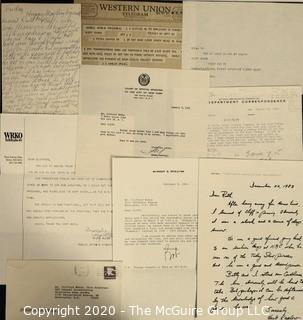 Memorabilia: U.S. Political: Correspondence to Clifford Evans from Edith Halpert, Mark McCloskey, J. John Fox, Ron Zeigler, William P. Rogers, Tim Russert, John Winters, Edward Brooke, Jane Adams, Mark Bodden, Ann McFadden, Adlai Stevenson, Thomas Stokes, Abe Beane, Jerimiah O' Leary, William Loeb, Lyn Nofziger, Ben Bradlee, Justice William O. Douglas, Larry O'Brien, Robert Strauss, David Broder, Max Frankel, Herb Kaplow, Frank Farenkoff, Rowland Evans, Art Buchwald and Abe Rosenthal.   