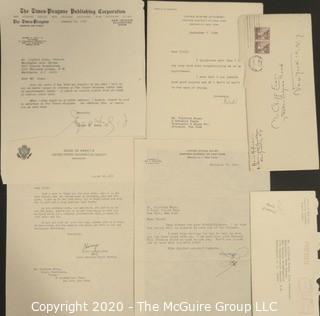 Memorabilia: U.S. Political: Correspondence to Clifford Evans from Edith Halpert, Mark McCloskey, J. John Fox, Ron Zeigler, William P. Rogers, Tim Russert, John Winters, Edward Brooke, Jane Adams, Mark Bodden, Ann McFadden, Adlai Stevenson, Thomas Stokes, Abe Beane, Jerimiah O' Leary, William Loeb, Lyn Nofziger, Ben Bradlee, Justice William O. Douglas, Larry O'Brien, Robert Strauss, David Broder, Max Frankel, Herb Kaplow, Frank Farenkoff, Rowland Evans, Art Buchwald and Abe Rosenthal.   