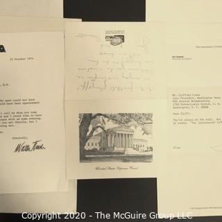 Memorabilia: U.S. Political: Correspondence to Clifford Evans from Edith Halpert, Mark McCloskey, J. John Fox, Ron Zeigler, William P. Rogers, Tim Russert, John Winters, Edward Brooke, Jane Adams, Mark Bodden, Ann McFadden, Adlai Stevenson, Thomas Stokes, Abe Beane, Jerimiah O' Leary, William Loeb, Lyn Nofziger, Ben Bradlee, Justice William O. Douglas, Larry O'Brien, Robert Strauss, David Broder, Max Frankel, Herb Kaplow, Frank Farenkoff, Rowland Evans, Art Buchwald and Abe Rosenthal.   