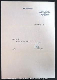 1951 Letter from Ed Sullivan to Clifford Evans; Signed.  Celebrity Memorabilia