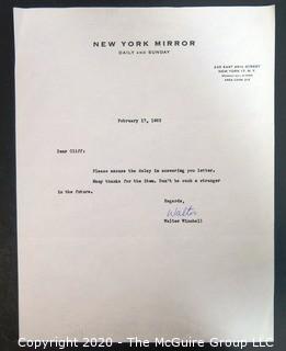 Letter from New York radio and press commentator Walter Winchell to Clifford Evans on New York Mirror Letterhead; Signed.  Journalism Memorabilia. 