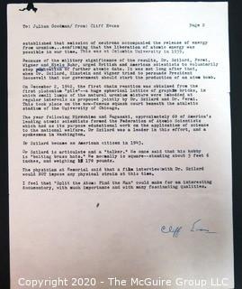 Early Broadcast Journalist Clifford Evans' proposal to NBC executive Julian Goodman in 1960 to produce a documentary on Dr. Lee Szilard, an important figure in the U.S. development of the Atom Bomb.  His request was declined.  