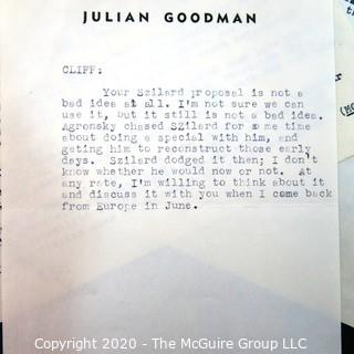 Early Broadcast Journalist Clifford Evans' proposal to NBC executive Julian Goodman in 1960 to produce a documentary on Dr. Lee Szilard, an important figure in the U.S. development of the Atom Bomb.  His request was declined.  