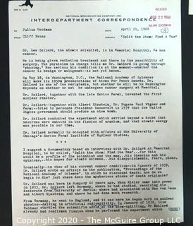 Early Broadcast Journalist Clifford Evans' proposal to NBC executive Julian Goodman in 1960 to produce a documentary on Dr. Lee Szilard, an important figure in the U.S. development of the Atom Bomb.  His request was declined.  