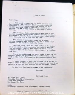 "Woman (sic) in the News with Clifford Evans", a program proposal to WOR-TV for a daytime television series, to be telecast 30 minutes everyday, Monday - Friday.  The eventual show, called "Ladies of the Press" was broadcast from 1962-1968, formatted to feature 3 female print journalists and one quest, with Evans moderating the show. It was described by Evans as a "hard news" program.  Evans eventually sold the program to RKO General Broadcasting.    Political & Journalism Memorabilia