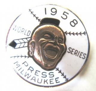 1958 World Series Press Pin  Milwaukee Braves Sports Baseball Memorabilia. (from the personal collection of Clifford Evans, journalist)