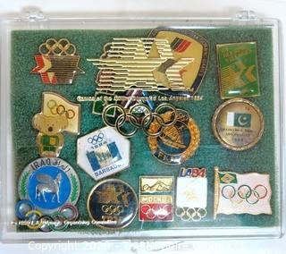 Collection of 1984 Los Angeles Summer Olympic Pin Backs in Box. 