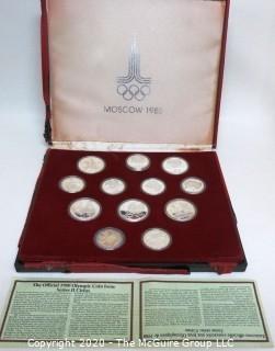 90% Solid Silver Official 1980 Moscow Olympic Coin Issue Series II Citius, in red presentation box. There are (5) 10 rouble coins and (7) 5 rouble coins

Combined weight 284 grams

Note: Presentation box is damaged
 