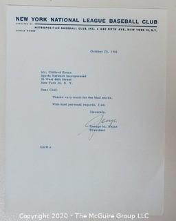 1961 Signed Thank You Note from George Weiss, NY Mets, to Clifford Evans, New York Metropolitans National League Baseball Club Letterhead. Sports Baseball Memorabilia